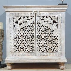 Indian Furniture Hand Carved Solid Wood Cabinet 90x40x90 Cm White