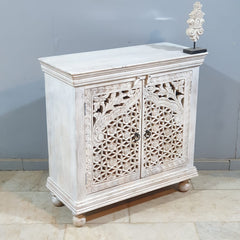 Indian Furniture Hand Carved Solid Wood Cabinet 90x40x90 Cm White
