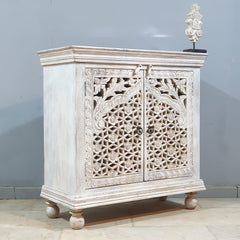Indian Furniture Hand Carved Solid Wood Cabinet 90x40x90 Cm White