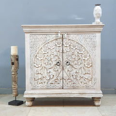 Indian Furniture Hand Carved Solid Wood Cabinet 90x40x90 Cm White