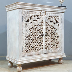 Indian Furniture Hand Carved Solid Wood Cabinet 90x40x90 Cm White