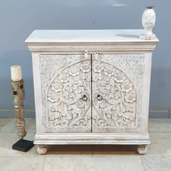 Indian Furniture Hand Carved Solid Wood Cabinet 90x40x90 Cm White