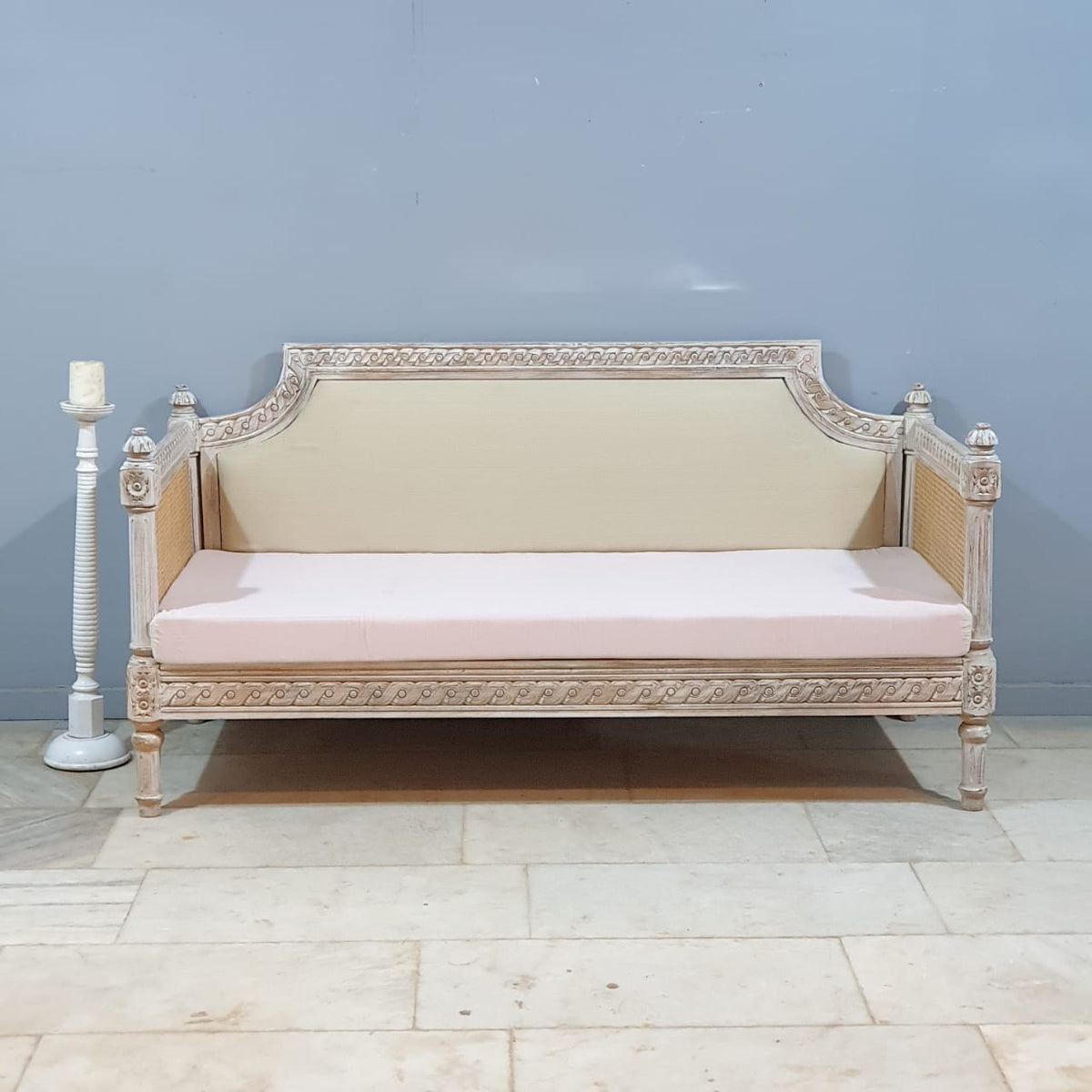 Hand Carved Cane Sofa Daybed Whitewash 180x76x92 cm