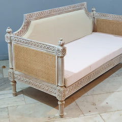 Hand Carved Cane Sofa Daybed Whitewash 180x76x92 cm