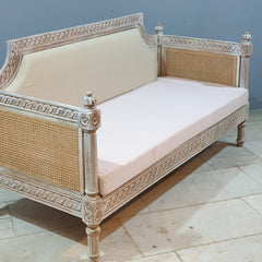 Hand Carved Cane Sofa Daybed Whitewash 180x76x92 cm