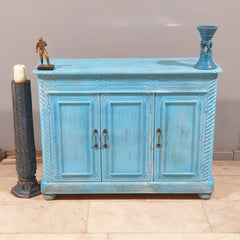 Vintage Hand Carved Solid Wood 3 Door Sideboard Blue