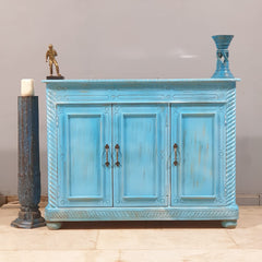 Vintage Hand Carved Solid Wood 3 Door Sideboard Blue