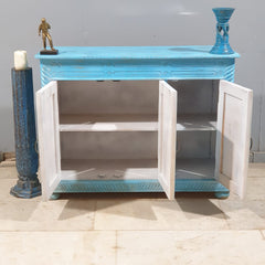 Vintage Hand Carved Solid Wood 3 Door Sideboard Blue