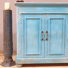 Vintage Hand Carved Solid Wood 3 Door Sideboard Blue