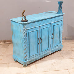 Vintage Hand Carved Solid Wood 3 Door Sideboard Blue