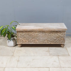 Handmade Indian Furniture Solid Hard Wood Carved Blanket Box 107x40x45 Cm B2