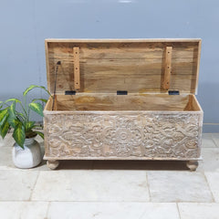 Handmade Indian Furniture Solid Hard Wood Carved Blanket Box 107x40x45 Cm B2
