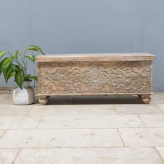 Handmade Indian Furniture Solid Hard Wood Carved Blanket Box 107x40x45 Cm B2