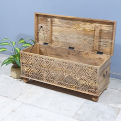 Handmade Indian Furniture Solid Hard Wood Carved Jali Blanket Box 107x40x45 Cm B1