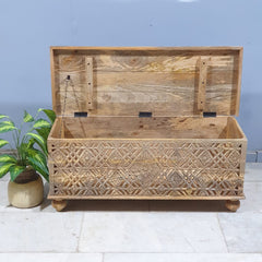 Handmade Indian Furniture Solid Hard Wood Carved Jali Blanket Box 107x40x45 Cm B1