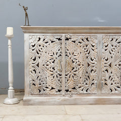 Hand Carved Solid Wood 4 Door Sideboard White 160X40X80 cm