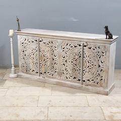 Hand Carved Solid Wood 4 Door Sideboard White 160X40X80 cm