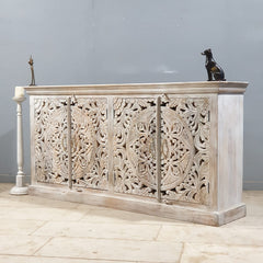 Hand Carved Solid Wood 4 Door Sideboard White 160X40X80 cm