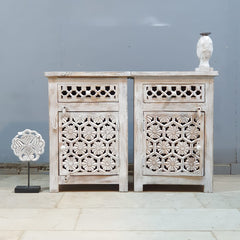 Indian Hand Carved Solid Wood Bedside Table (Set of 2) 50x40x60 cm 02