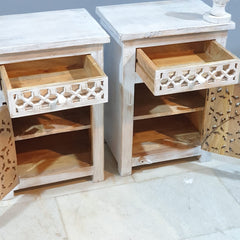 Indian Hand Carved Solid Wood Bedside Table (Set of 2) 50x40x60 cm 02