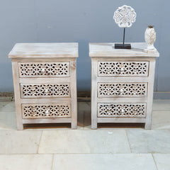 Indian Hand Carved Solid Wood 3 Drawer Bedside Table (Set of 2) 50x40x60 cm 01