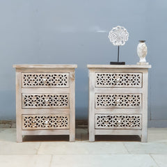 Indian Hand Carved Solid Wood 3 Drawer Bedside Table (Set of 2) 50x40x60 cm 01