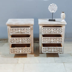 Indian Hand Carved Solid Wood 3 Drawer Bedside Table (Set of 2) 50x40x60 cm 01