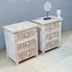 Indian Hand Carved Solid Wood 3 Drawer Bedside Table (Set of 2) 50x40x60 cm 01