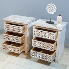 Indian Hand Carved Solid Wood 3 Drawer Bedside Table (Set of 2) 50x40x60 cm 01