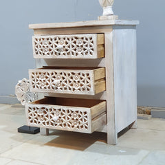 Indian Hand Carved Solid Wood 3 Drawer Bedside Table (Set of 2) 50x40x60 cm 01
