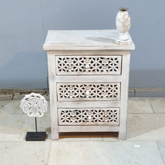 Indian Hand Carved Solid Wood 3 Drawer Bedside Table (Set of 2) 50x40x60 cm 01