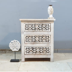 Indian Hand Carved Solid Wood 3 Drawer Bedside Table (Set of 2) 50x40x60 cm 01