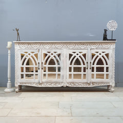 French Arched Hand Carved Solid Mango Wood Sideboard in Distressed White
