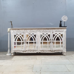 French Arched Hand Carved Solid Mango Wood Sideboard in Distressed White