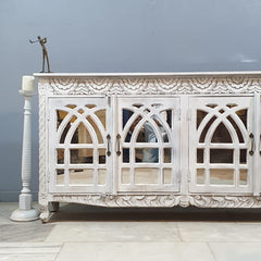 French Arched Hand Carved Solid Mango Wood Sideboard in Distressed White