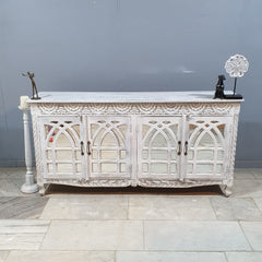 French Arched Hand Carved Solid Mango Wood Sideboard in Distressed White