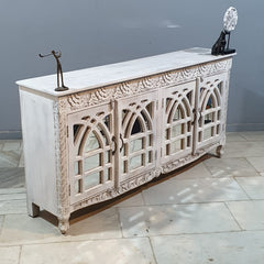 French Arched Hand Carved Solid Mango Wood Sideboard in Distressed White