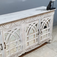 French Arched Hand Carved Solid Mango Wood Sideboard in Distressed White