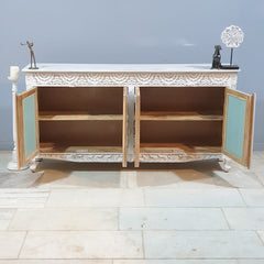 French Arched Hand Carved Solid Mango Wood Sideboard in Distressed White