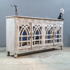 French Arched Hand Carved Solid Mango Wood Sideboard in Distressed White