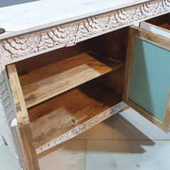 French Arched Hand Carved Solid Mango Wood Sideboard in Distressed White