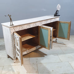 French Arched Hand Carved Solid Mango Wood Sideboard in Distressed White