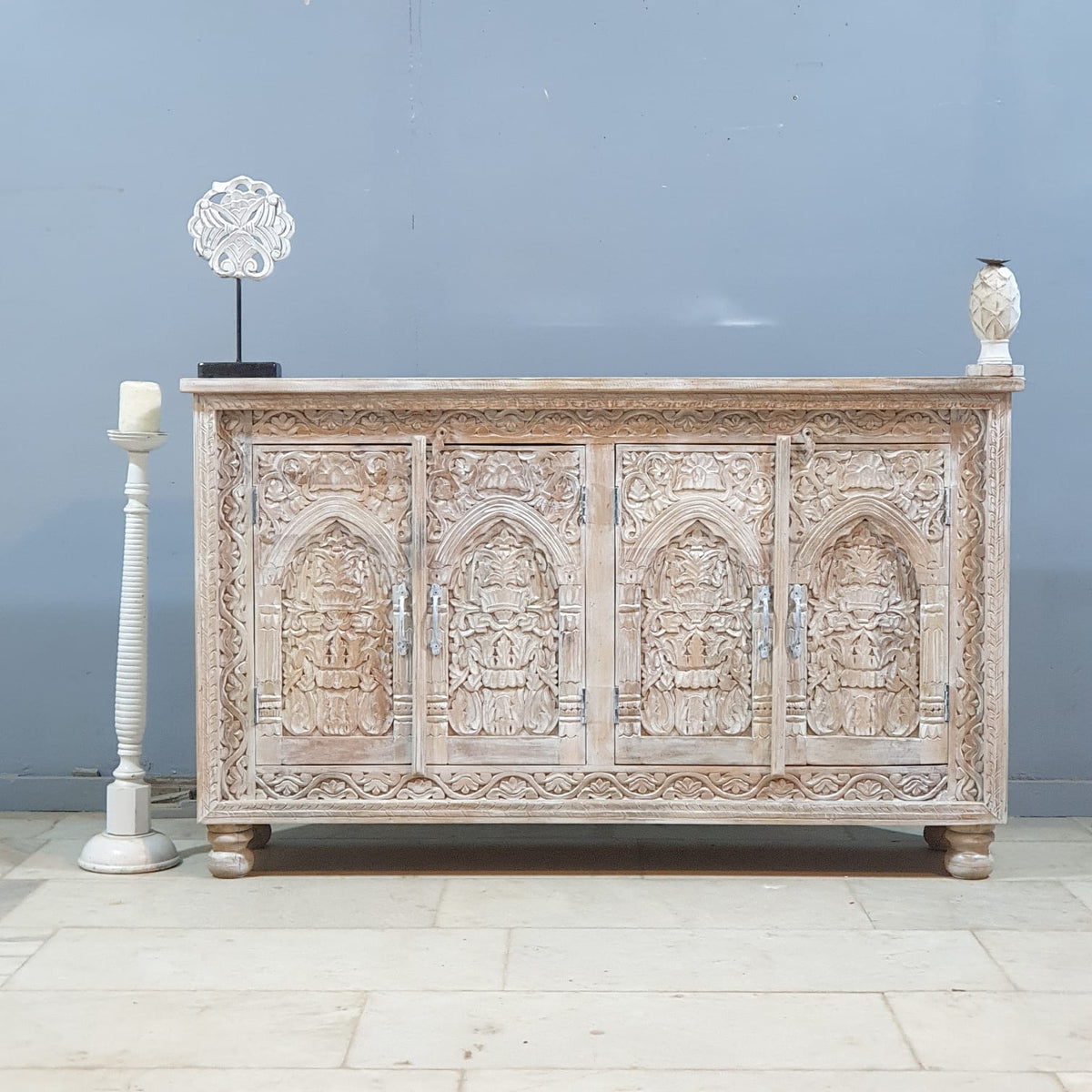 Hand Carved Solid Wood Sideboard White 150X40X90 cm