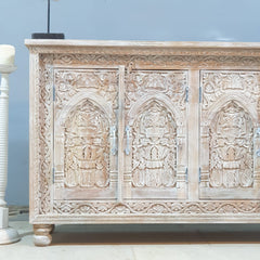 Hand Carved Solid Wood Sideboard White 150X40X90 cm