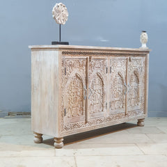 Hand Carved Solid Wood Sideboard White 150X40X90 cm