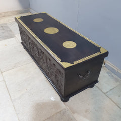 Indian Furniture Brass Work Solid Hard Wood Carved Blanket Box 107x40x45 cm B4