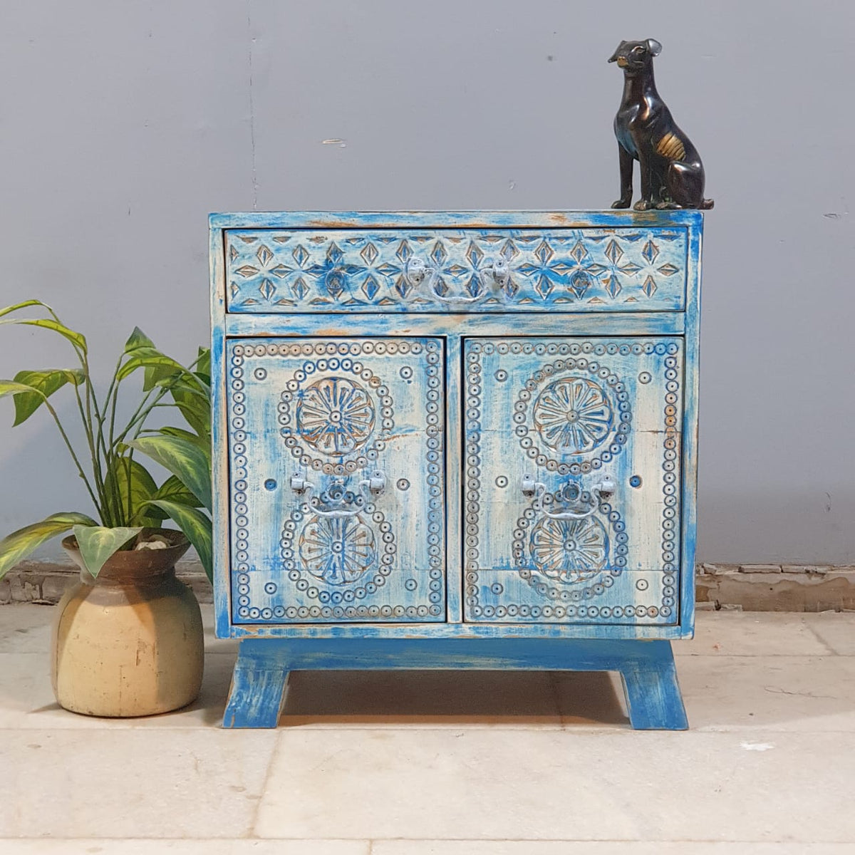Indian Furniture Hand Carved Solid Wood Small Cabinet 60x40x65 Cm