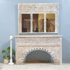 Hand-Carved Whitewash Wooden Window Mirror – Large Decorative Wall Mirror | Rustic Farmhouse Boho Living Room Decor