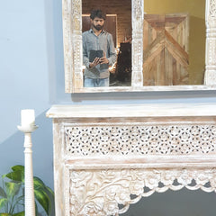 Hand-Carved Whitewash Wooden Window Mirror – Large Decorative Wall Mirror | Rustic Farmhouse Boho Living Room Decor