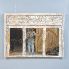 Hand-Carved Whitewash Wooden Window Mirror – Large Decorative Wall Mirror | Rustic Farmhouse Boho Living Room Decor